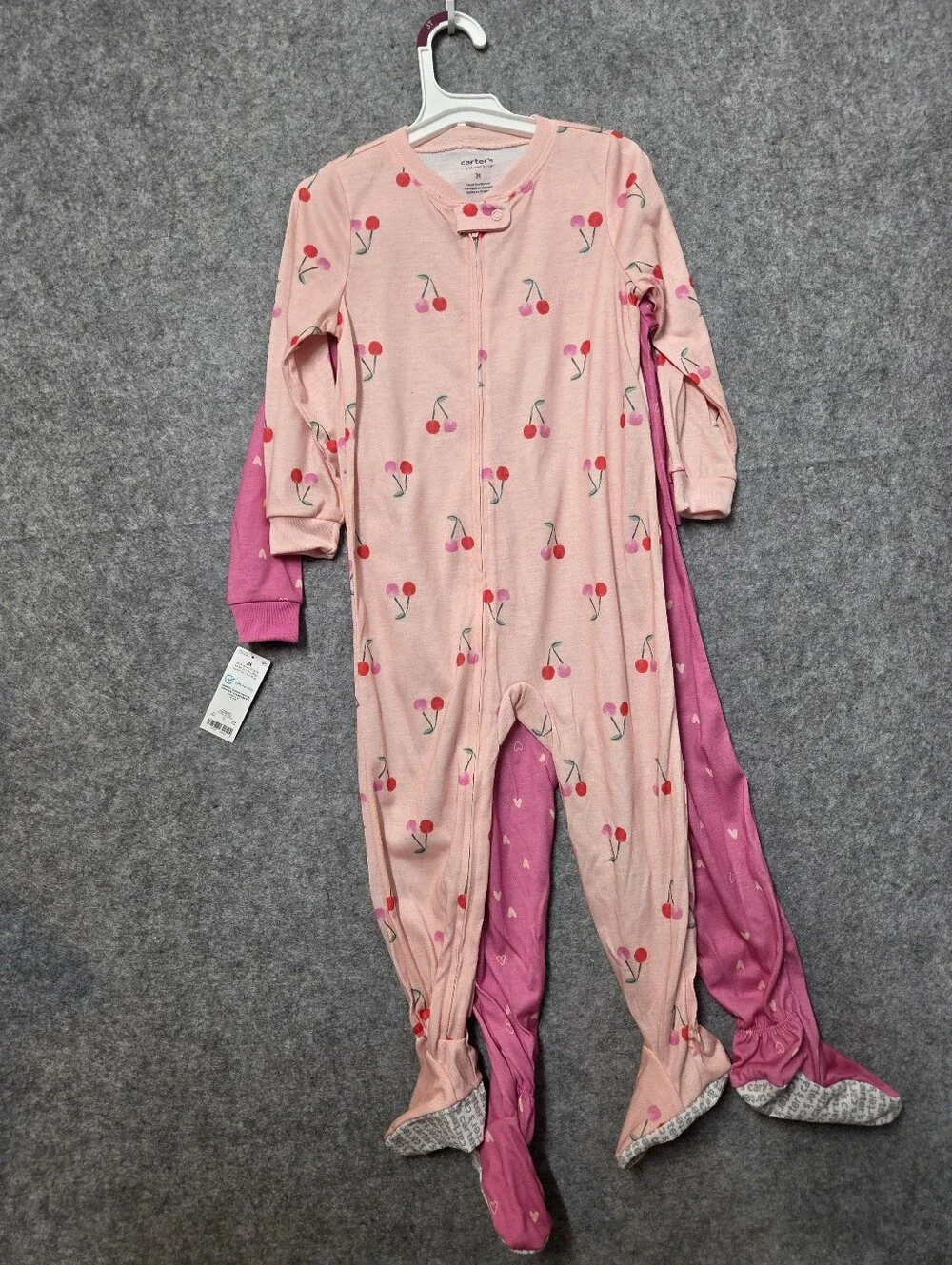 Carter's Pink & Light Pink Heart and Cherry Footed One-Piece 2-Pack 3T Nwt
